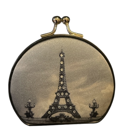 Vintage Eiffel Tower Soft Sided Double Mirror Compact w/ Rhinestones Kiss Lock - Picture 6 of 6
